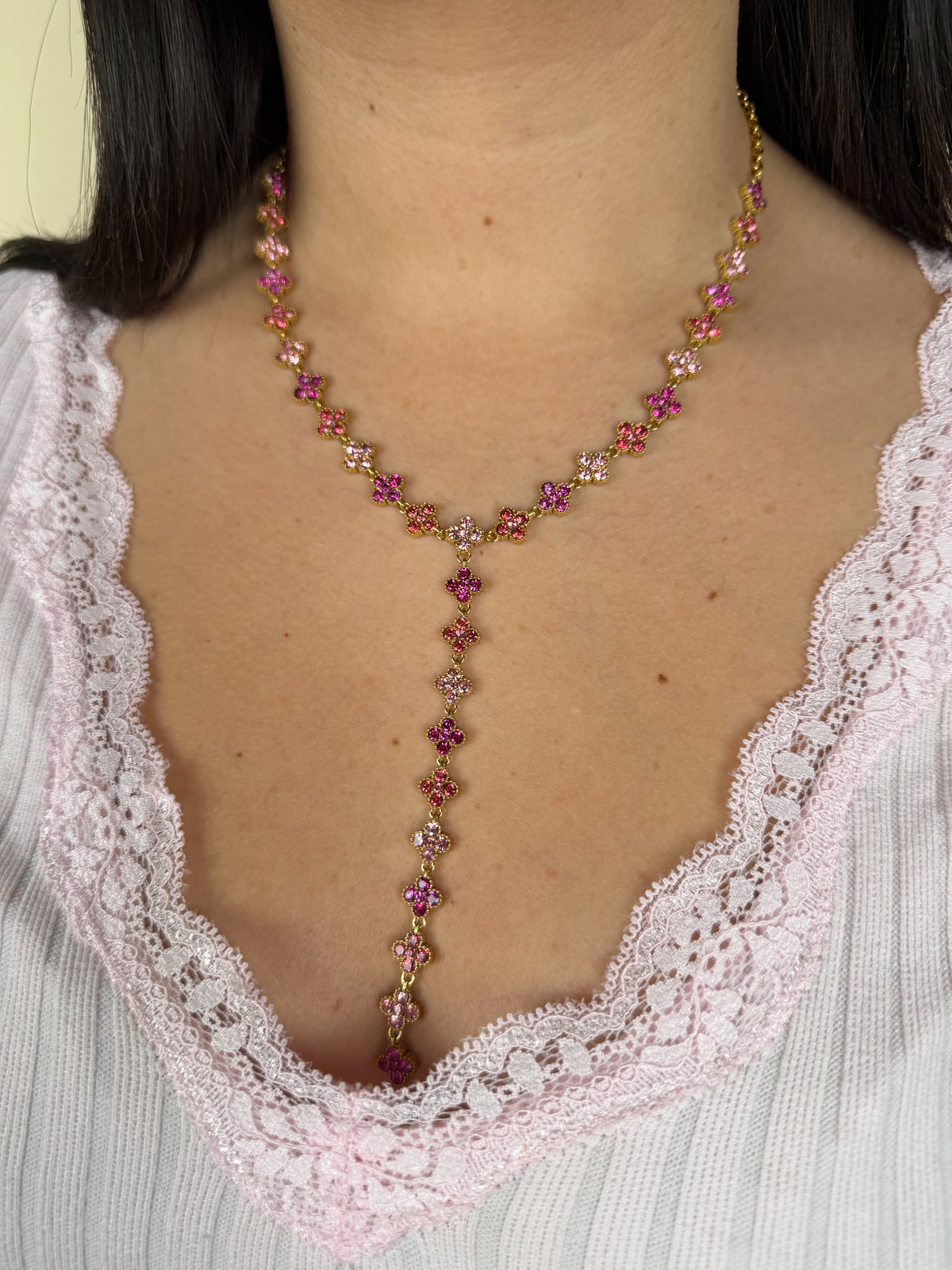 Collier Y Ambre rose violet