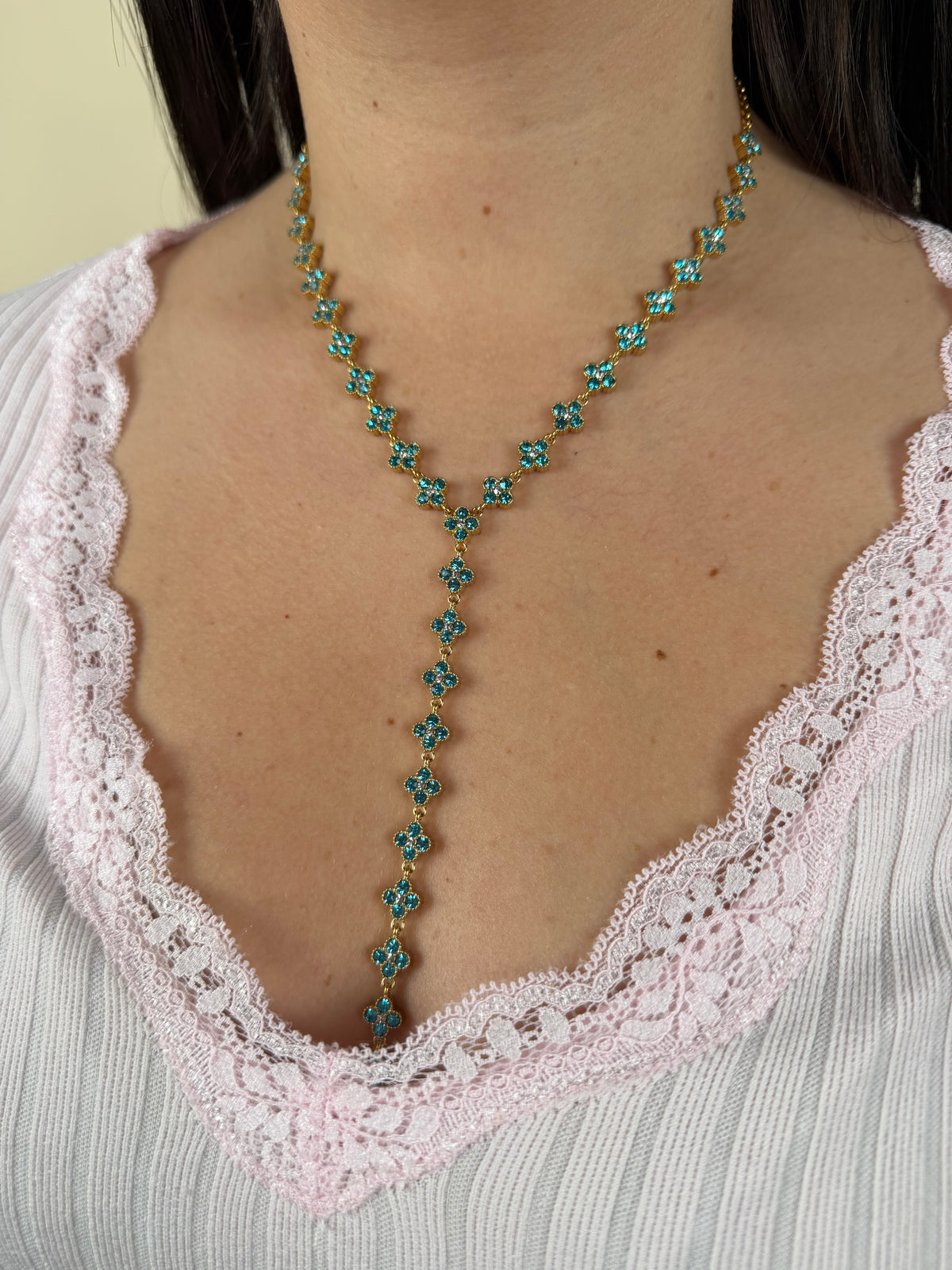 Collier Y Ambre bleu ciel