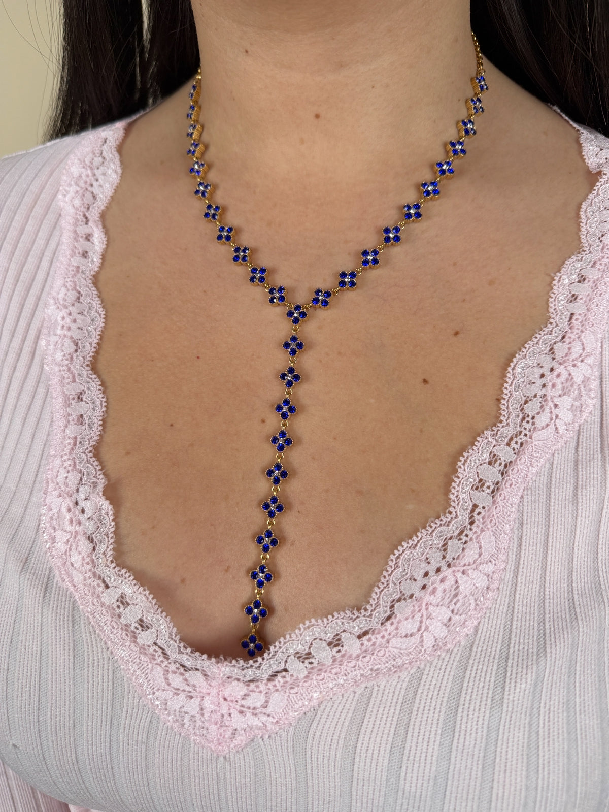 Collier Y Ambre bleu roi